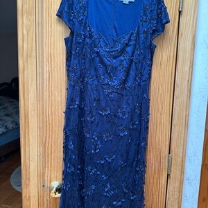 Theia Midnight Blue Embroidered Midi Dress